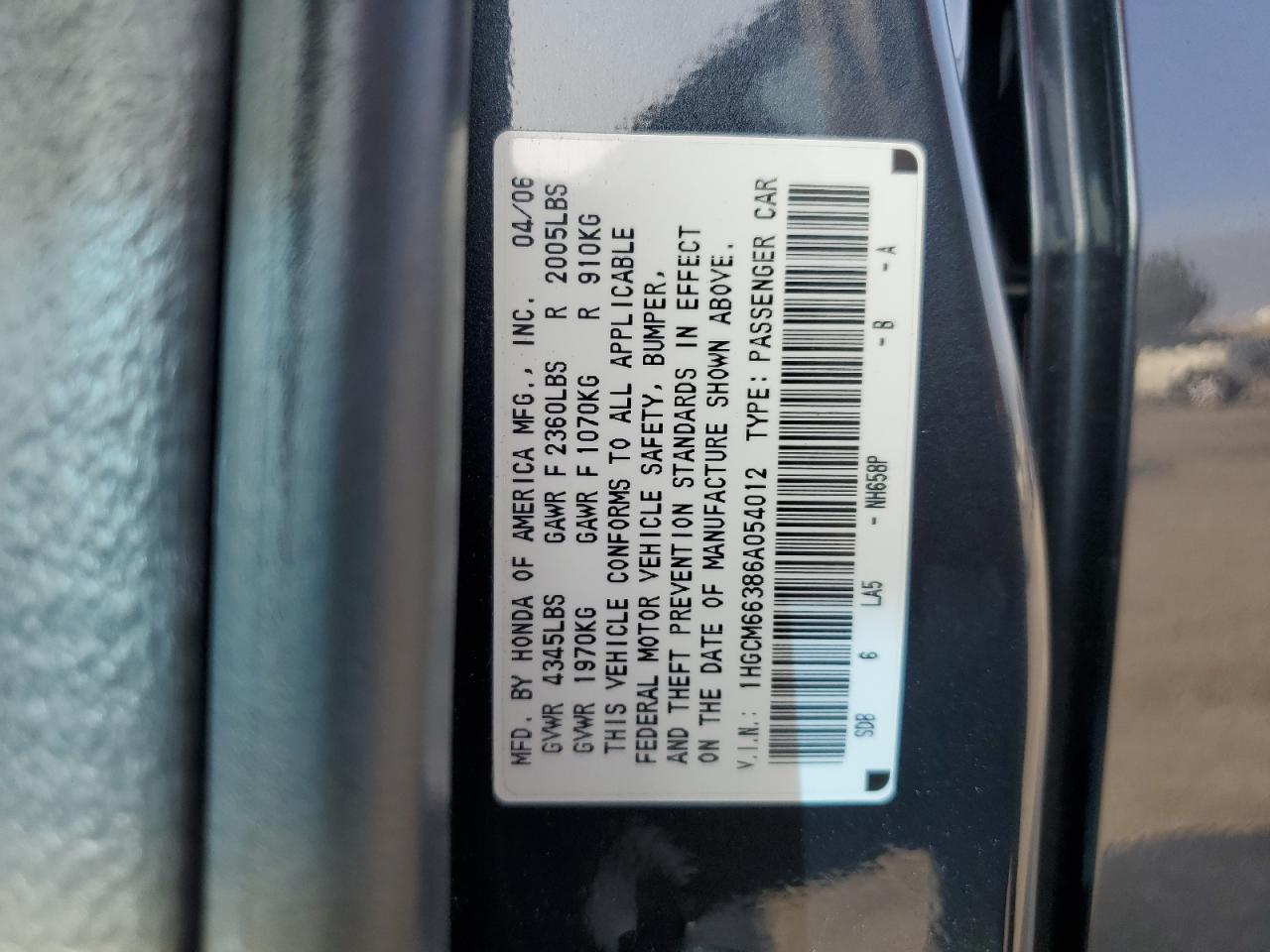 2006 Honda Accord Lx VIN: 1HGCM66386A054012 Lot: 64608675