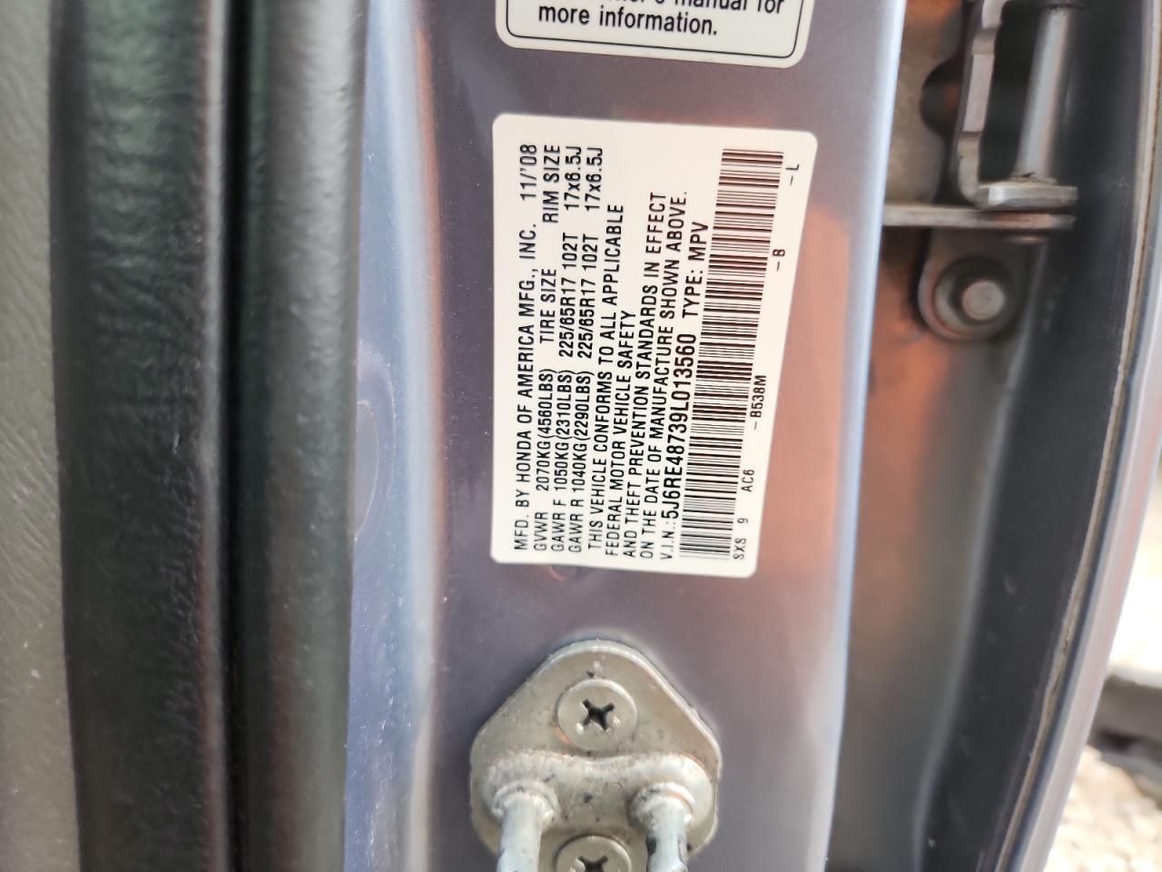 2009 Honda Cr-V Exl VIN: 5J6RE48739L013560 Lot: 66774055