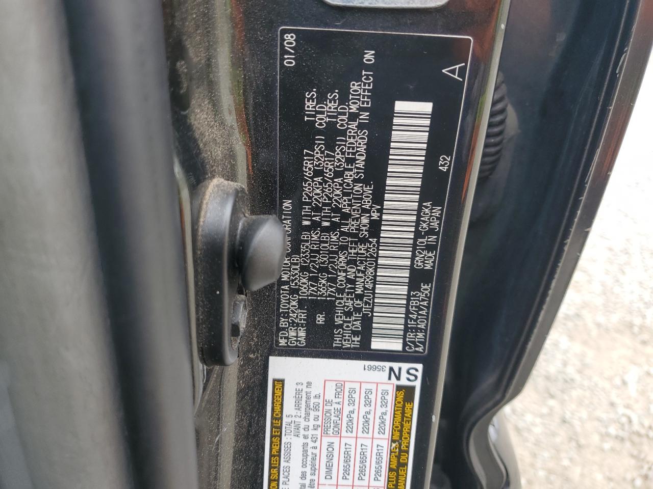 2008 Toyota 4Runner Sr5 VIN: JTEZU14R98K012654 Lot: 65084495