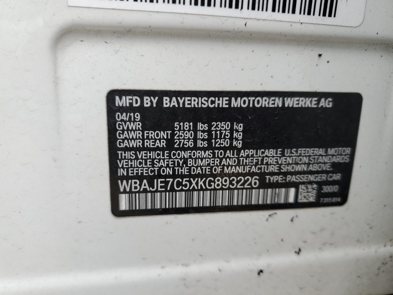 2019 BMW 540 Xi VIN: WBAJE7C5XKG893226 Lot: 63749805