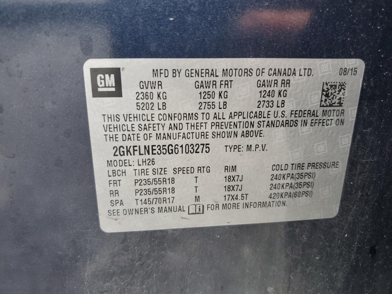 2016 GMC Terrain Sle VIN: 2GKFLNE35G6103275 Lot: 64069875