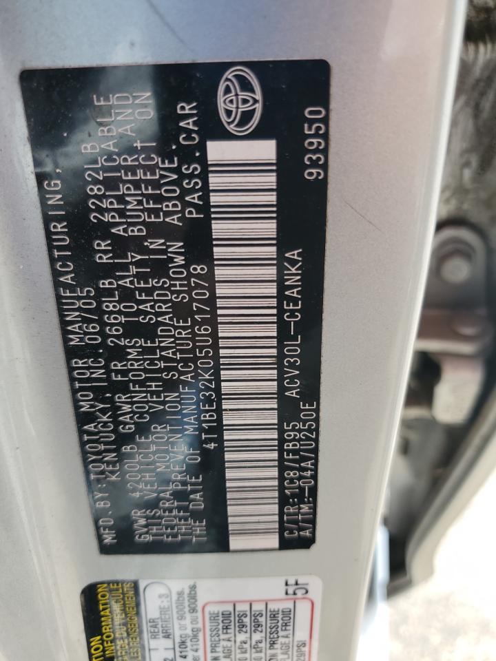 2005 Toyota Camry Le VIN: 4T1BE32K05U617078 Lot: 63046935