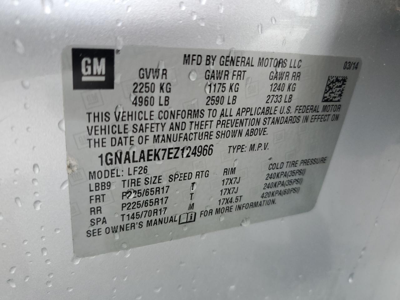 2014 Chevrolet Equinox Ls VIN: 1GNALAEK7EZ124966 Lot: 64003575