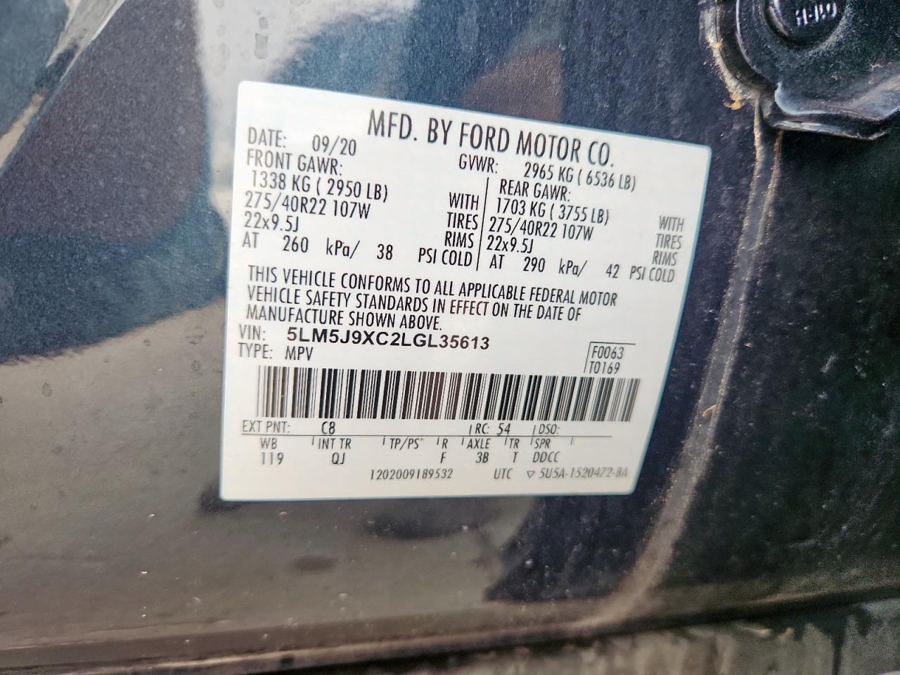 2020 Lincoln Aviator Black Label VIN: 5LM5J9XC2LGL35613 Lot: 64077505
