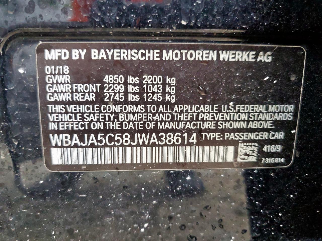 2018 BMW 530 I VIN: WBAJA5C58JWA38614 Lot: 63676405
