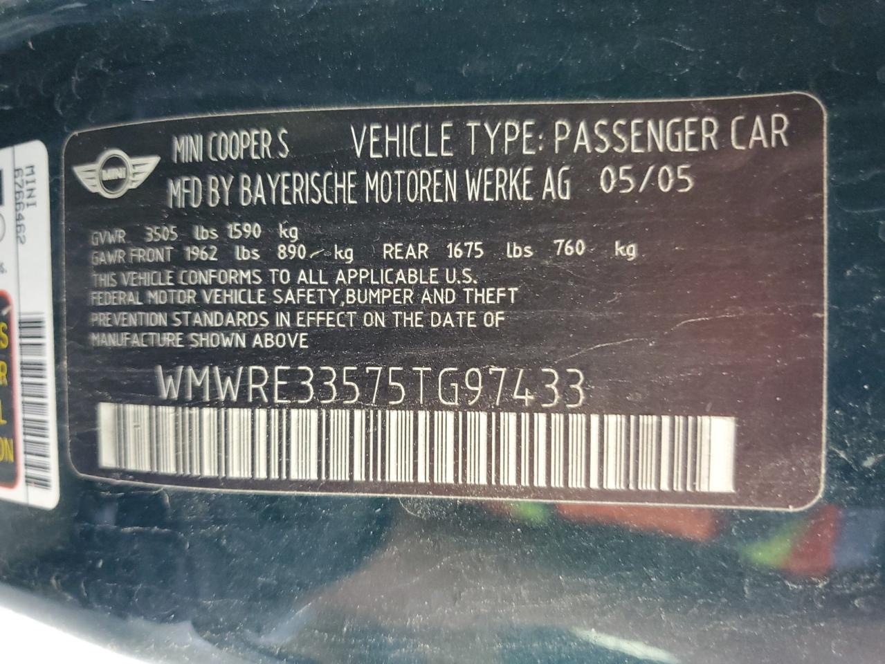 WMWRE33575TG97433 2005 Mini Cooper S