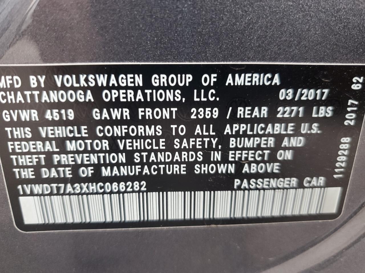 2017 Volkswagen Passat R-Line VIN: 1VWDT7A3XHC066282 Lot: 65071345