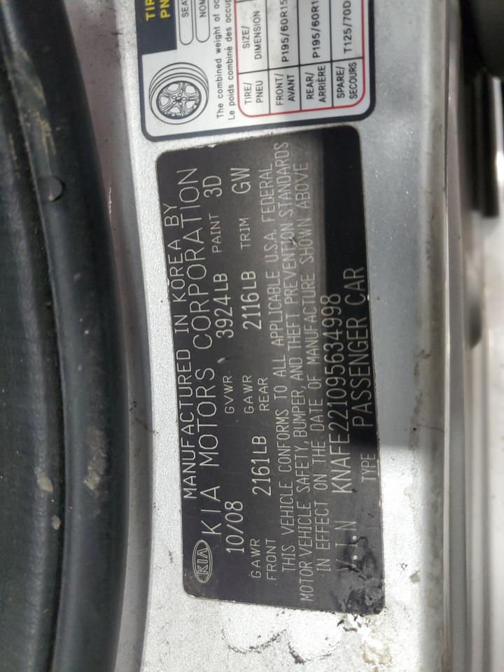 2009 Kia Spectra Ex VIN: KNAFE221095634998 Lot: 63841025