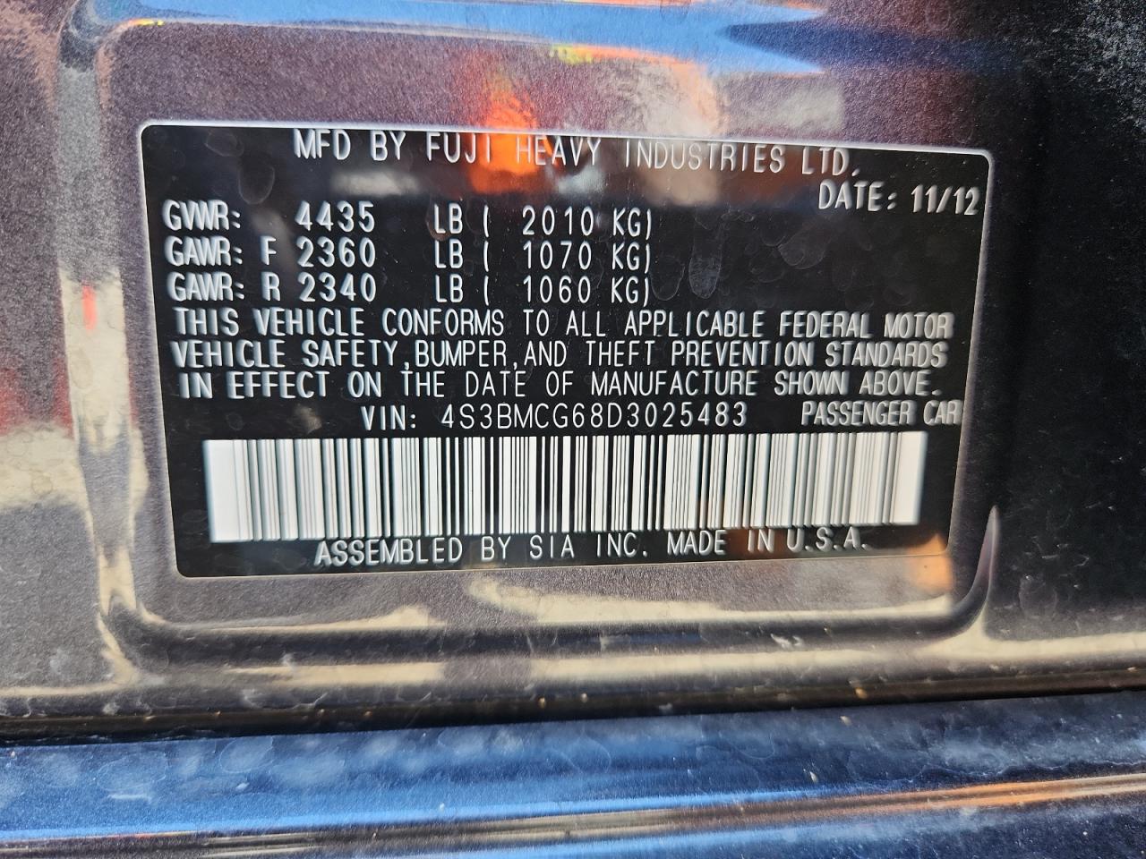 2013 Subaru Legacy 2.5I Premium VIN: 4S3BMCG68D3025483 Lot: 63272015