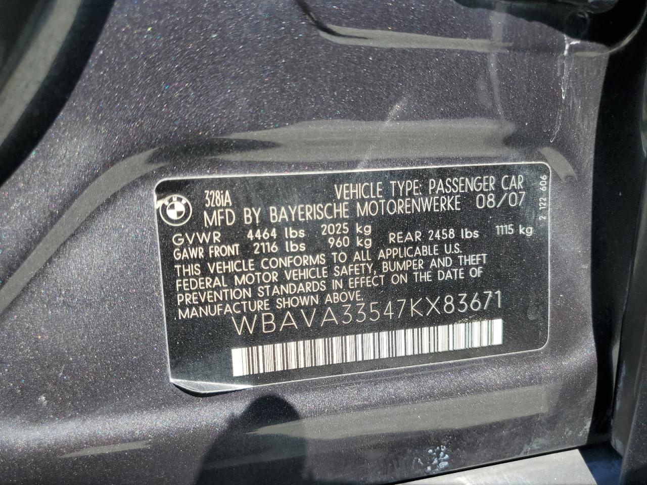 wbava33547kx83671 WBAVA33547KX83671 2007 BMW 328 I