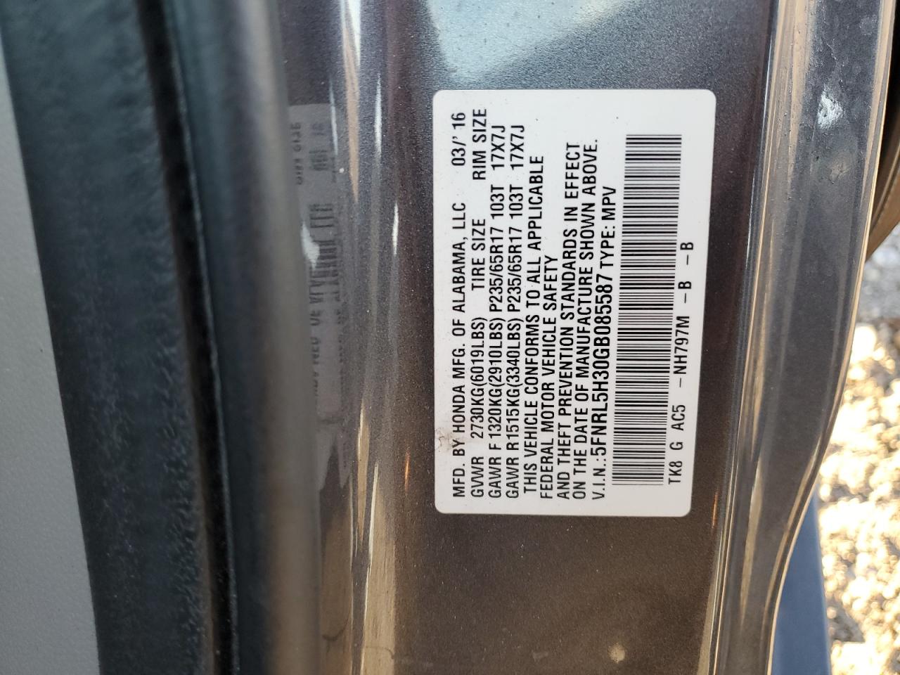 2016 Honda Odyssey Se VIN: 5FNRL5H30GB085587 Lot: 62568785
