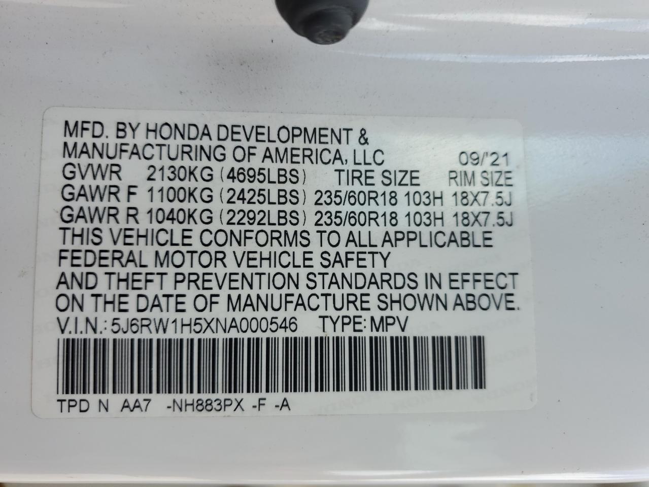 2022 Honda Cr-V Ex VIN: 5J6RW1H5XNA000546 Lot: 64688975