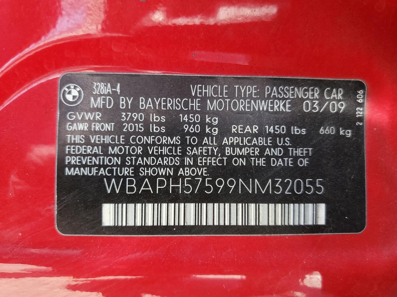 2009 BMW 328 I Sulev VIN: WBAPH57599NM32055 Lot: 65091415
