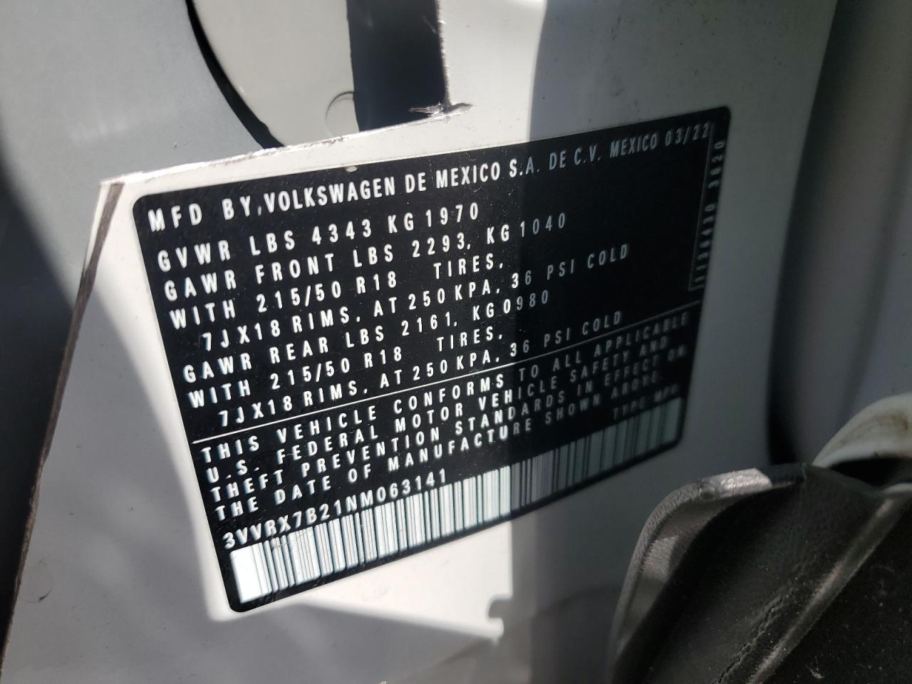 2022 Volkswagen Taos Se VIN: 3VVRX7B21NM063141 Lot: 64439695