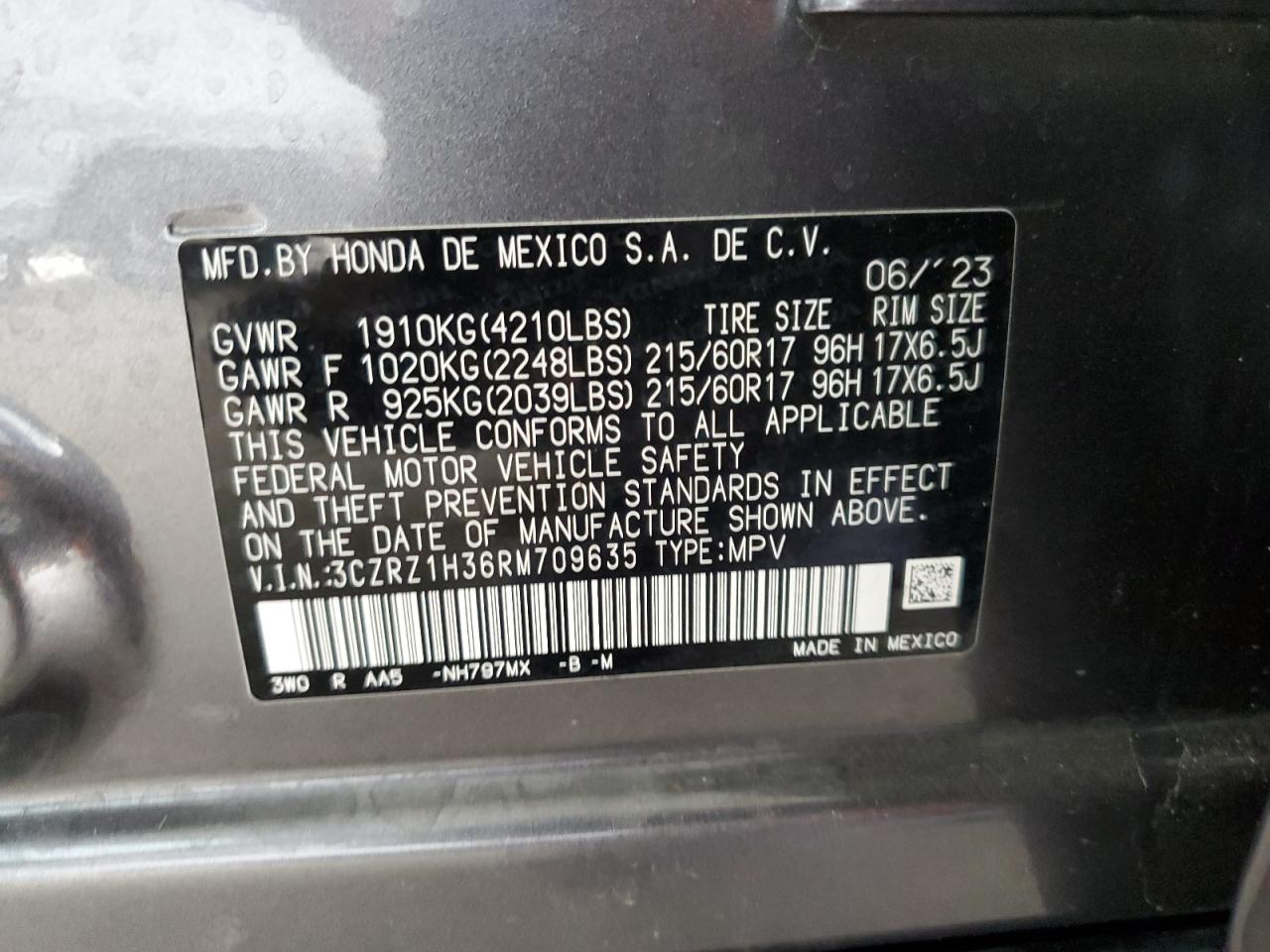 2024 Honda Hr-V Lx VIN: 3CZRZ1H36RM709635 Lot: 65072205
