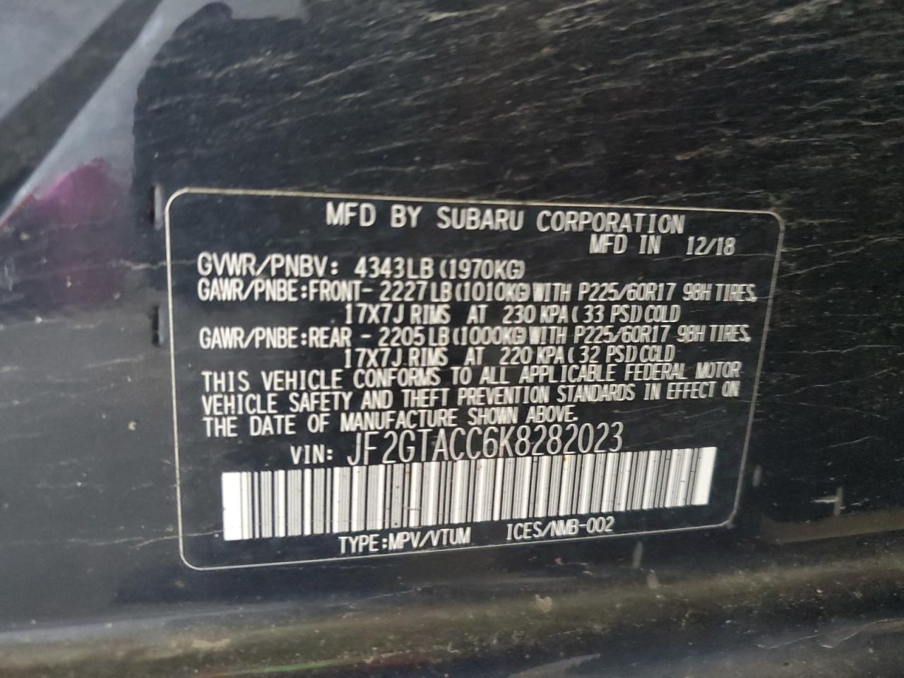 2019 Subaru Crosstrek Premium VIN: JF2GTACC6K8282023 Lot: 66487055