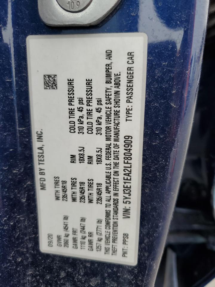 2020 Tesla Model 3 VIN: 5YJ3E1EA2LF804909 Lot: 65754995