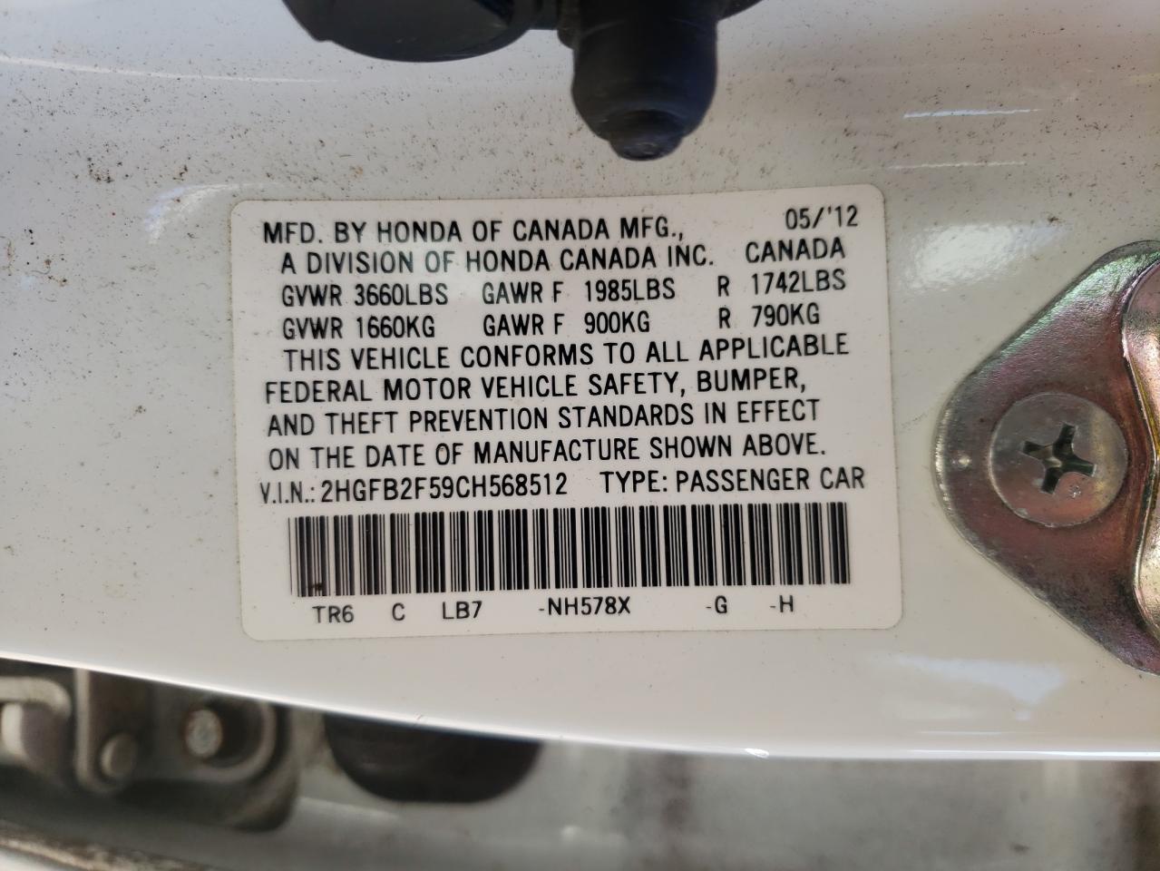 2012 Honda Civic Lx VIN: 2HGFB2F59CH568512 Lot: 64562065