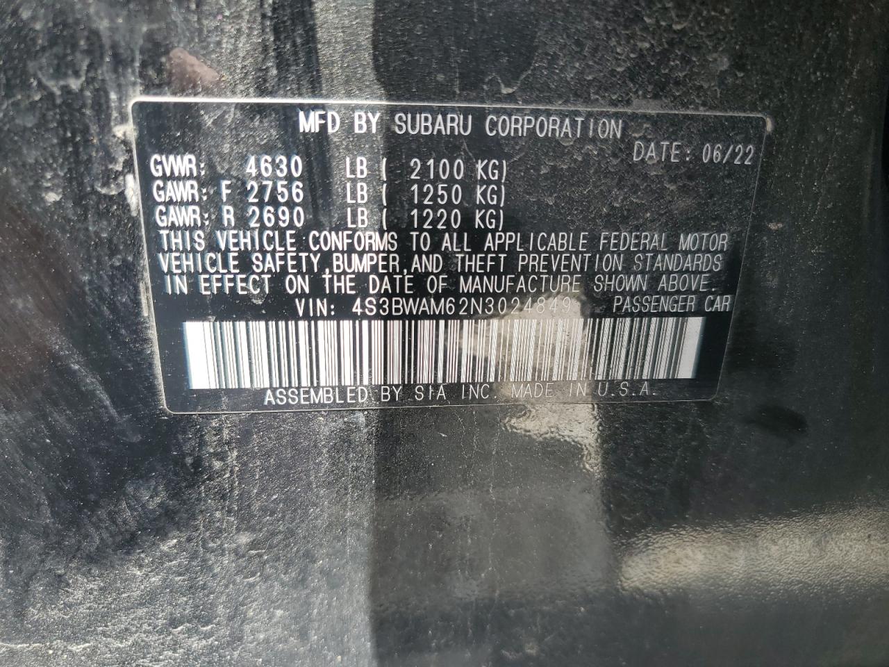 2022 Subaru Legacy Limited VIN: 4S3BWAM62N3024849 Lot: 64611925
