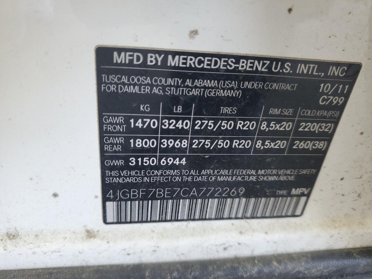 2012 Mercedes-Benz Gl 450 4Matic VIN: 4JGBF7BE7CA772269 Lot: 63216265