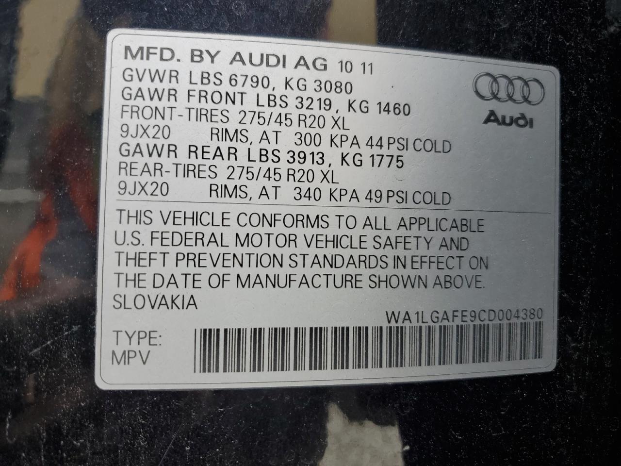 2012 Audi Q7 Premium Plus VIN: WA1LGAFE9CD004380 Lot: 64921665