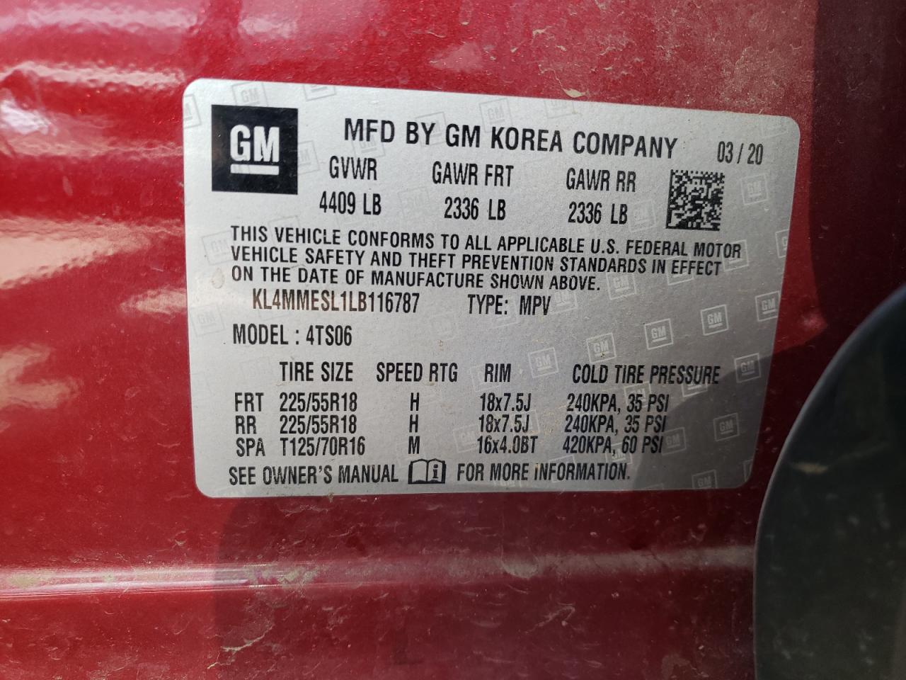 kl4mmesl1lb116787 KL4MMESL1LB116787 2020 Buick Encore Gx Select