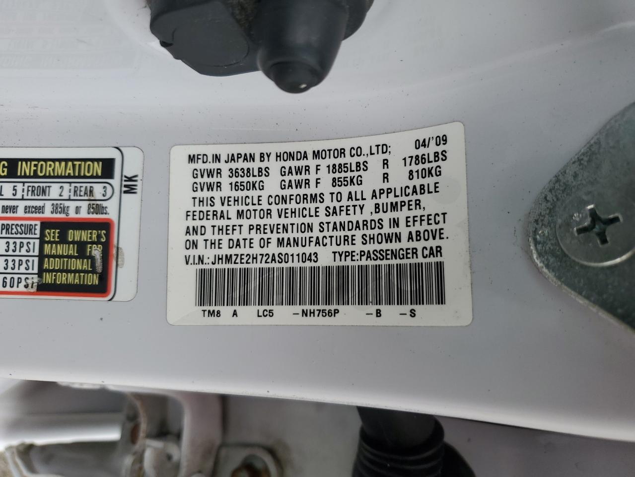 2010 Honda Insight Ex VIN: JHMZE2H72AS011043 Lot: 64619285