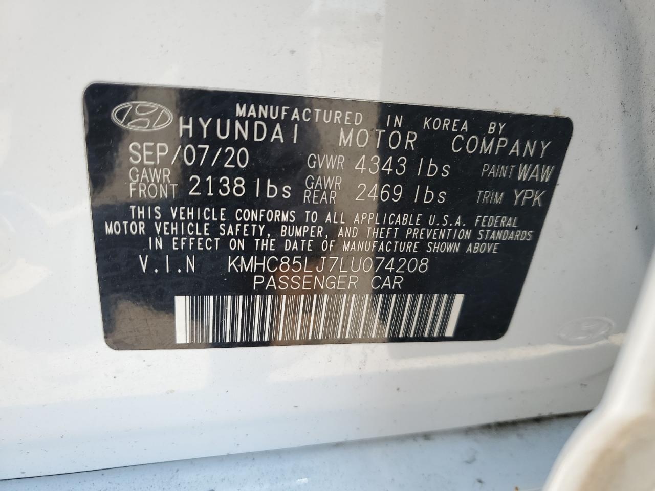 2020 Hyundai Ioniq Limited VIN: KMHC85LJ7LU074208 Lot: 63659925