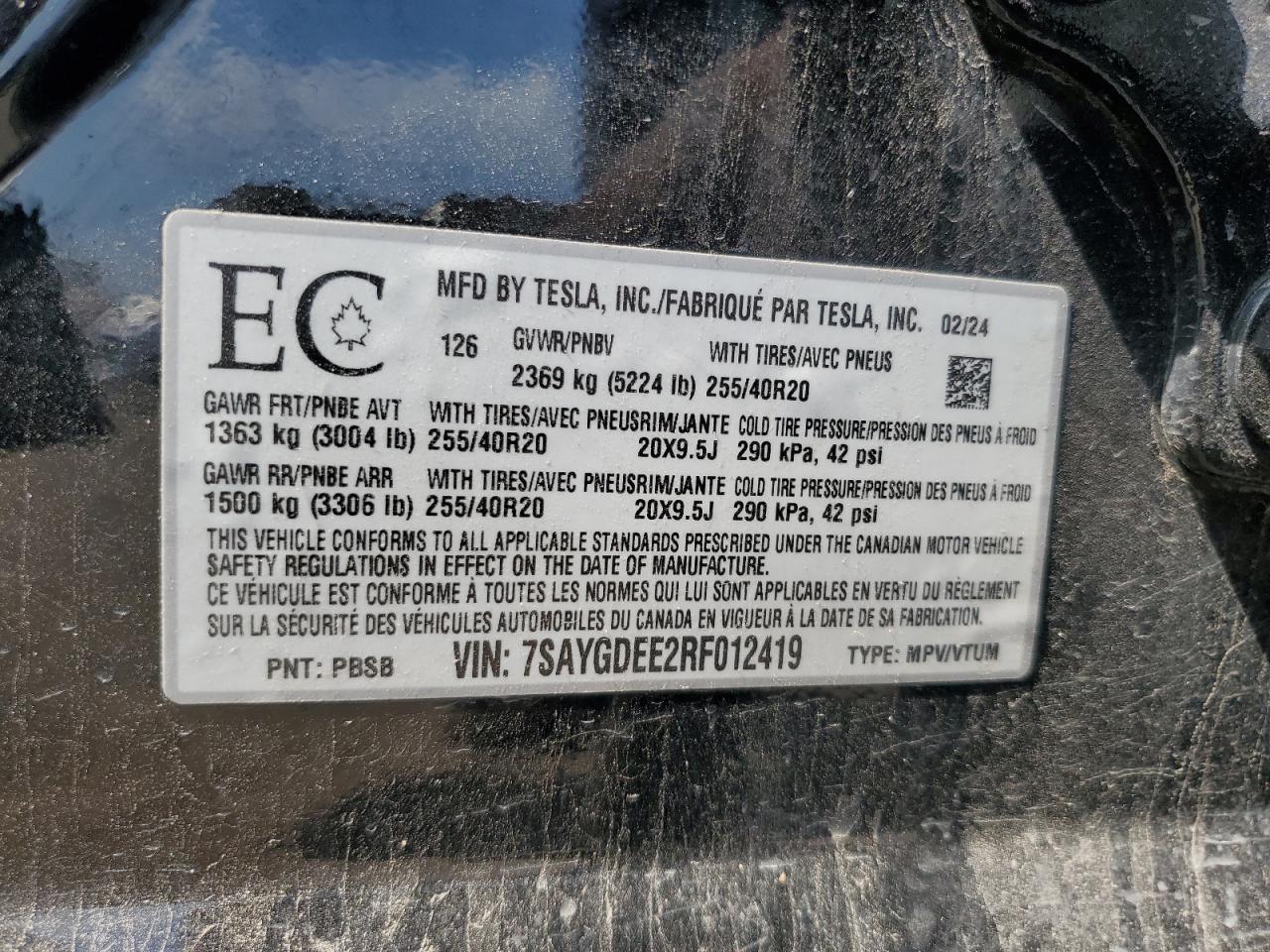 2024 Tesla Model Y VIN: 7SAYGDEE2RF012419 Lot: 64032055