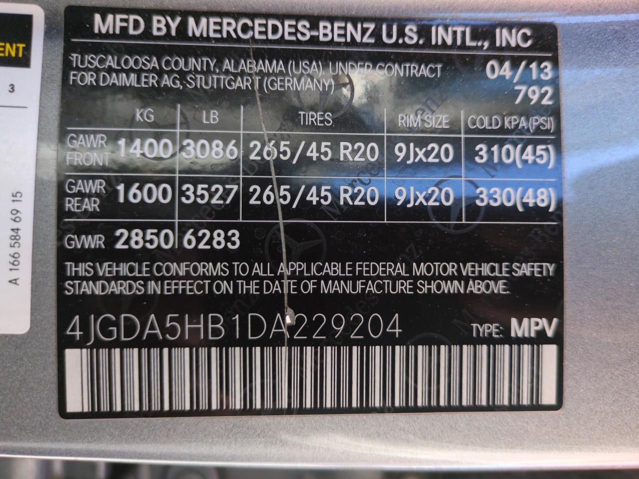 2013 Mercedes-Benz Ml 350 4Matic VIN: 4JGDA5HB1DA229204 Lot: 64688625