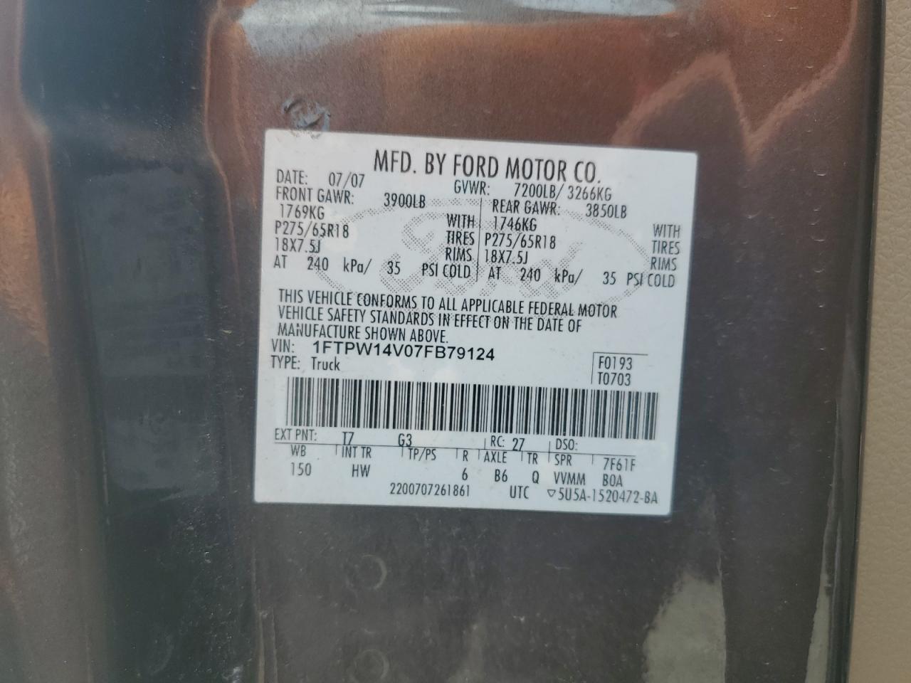 2007 Ford F150 Supercrew VIN: 1FTPW14V07FB79124 Lot: 66285665