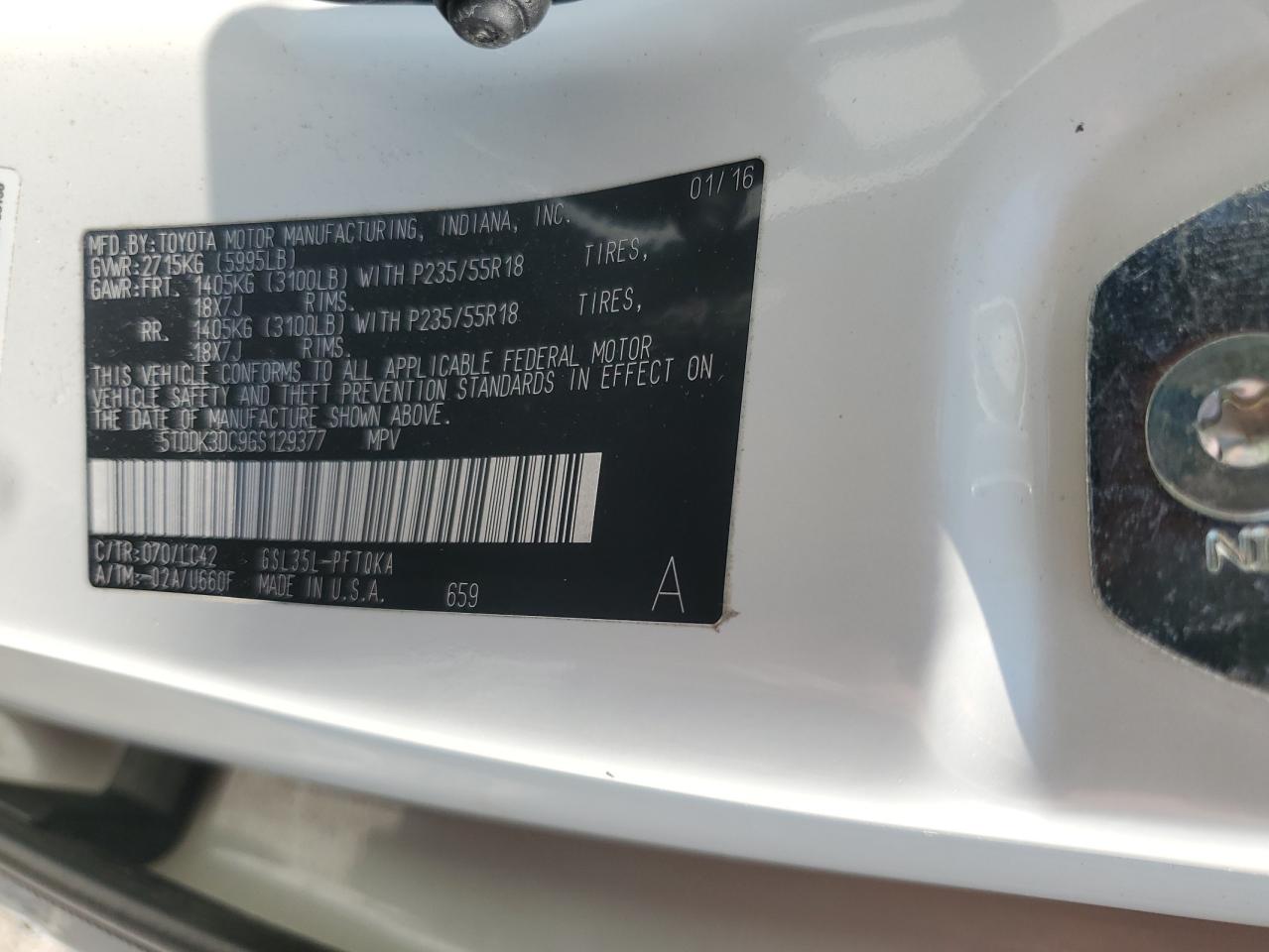 2016 Toyota Sienna Xle VIN: 5TDDK3DC9GS129377 Lot: 64365945
