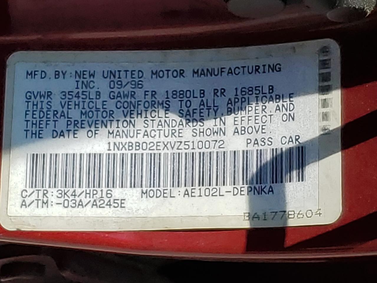 1997 Toyota Corolla Dx VIN: 1NXBB02EXVZ510072 Lot: 65743465