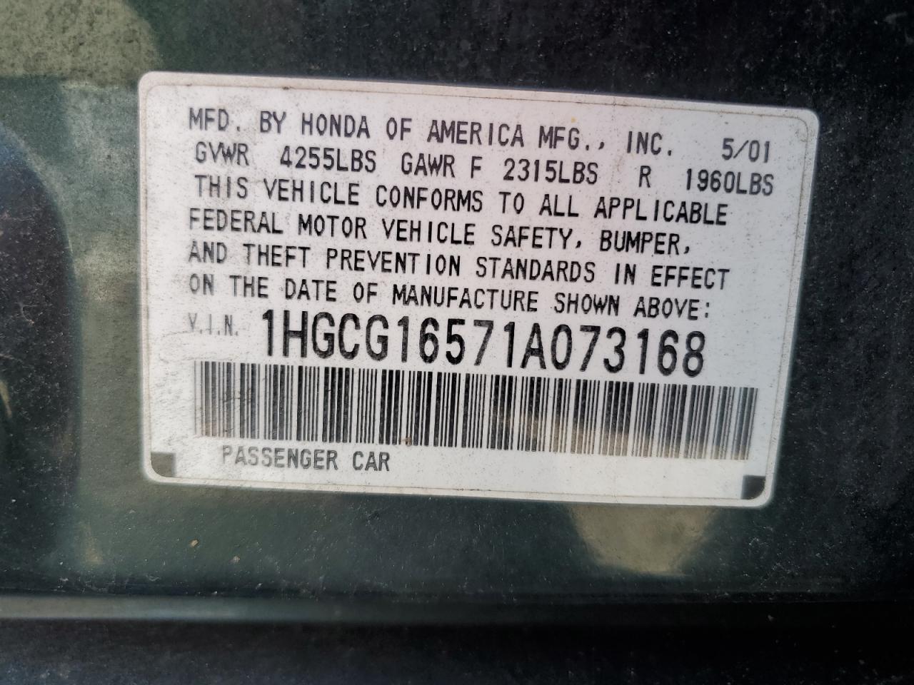 2001 Honda Accord Ex VIN: 1HGCG16571A073168 Lot: 65041825