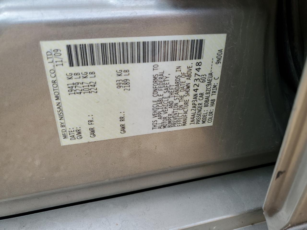 2010 Nissan Altima Base VIN: 1N4AL2AP3AN423748 Lot: 63858415