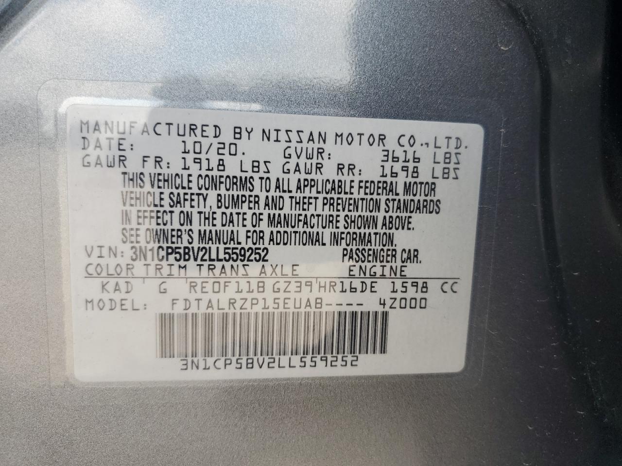 3N1CP5BV2LL559252 2020 Nissan Kicks S