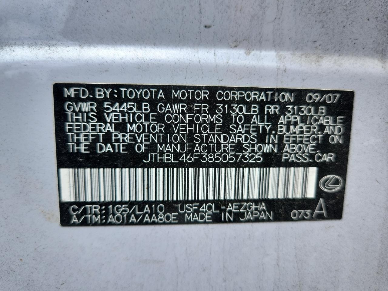 2008 Lexus Ls 460 VIN: JTHBL46F385057325 Lot: 65264065