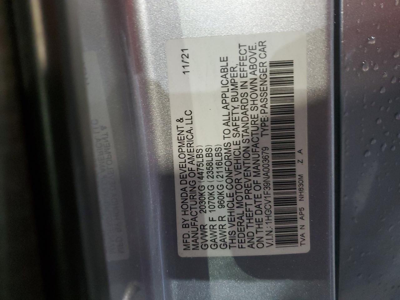 2022 Honda Accord Sport VIN: 1HGCV1F39NA003679 Lot: 65638675