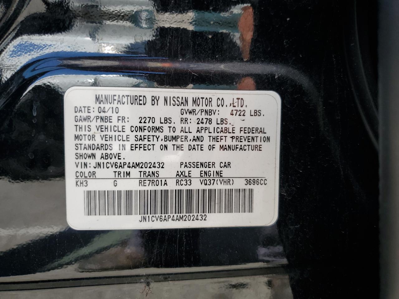2010 Infiniti G37 Base VIN: JN1CV6AP4AM202432 Lot: 66328125