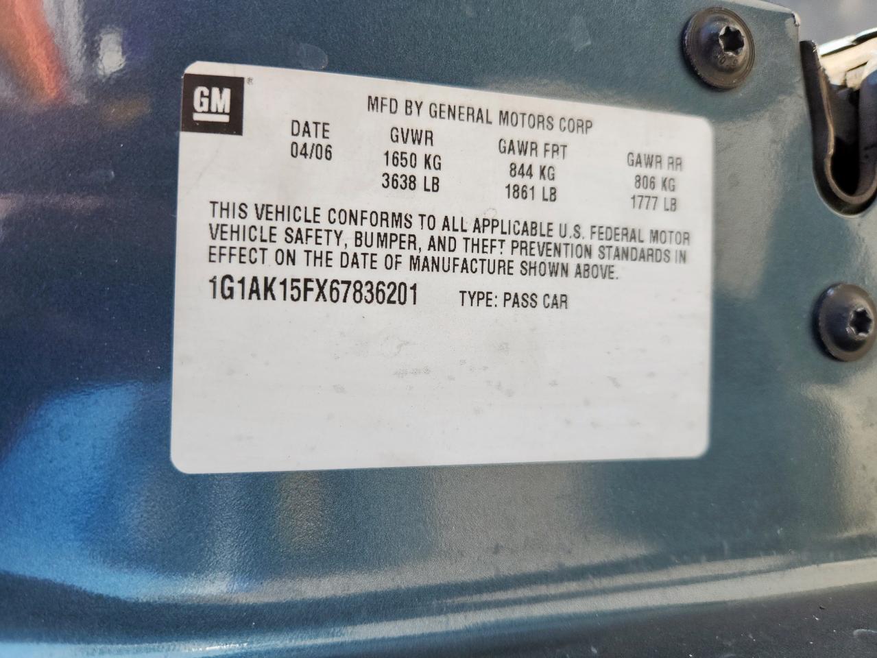 2006 Chevrolet Cobalt Ls VIN: 1G1AK15FX67836201 Lot: 64262345