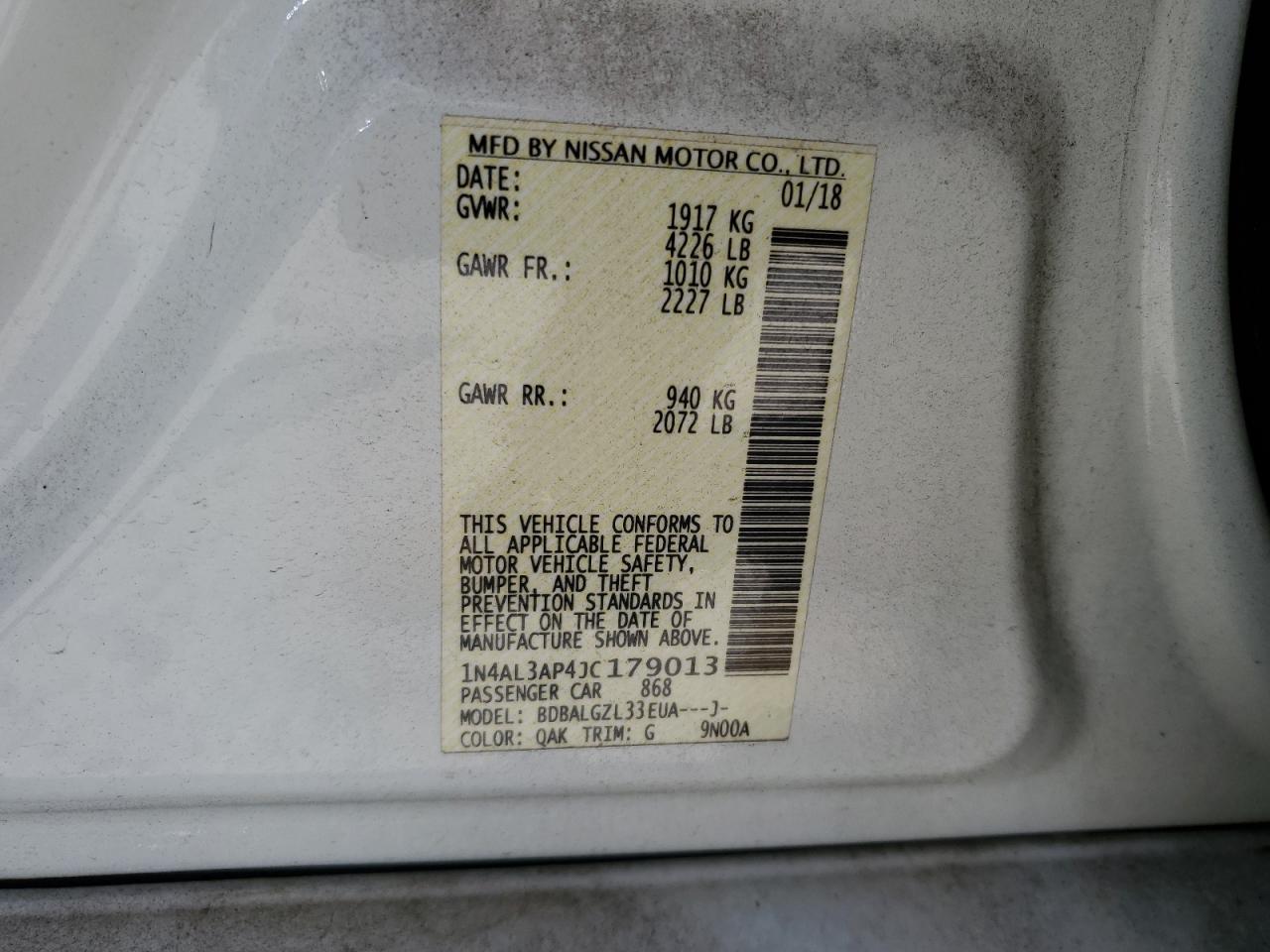 2018 Nissan Altima 2.5 VIN: 1N4AL3AP4JC179013 Lot: 64880075