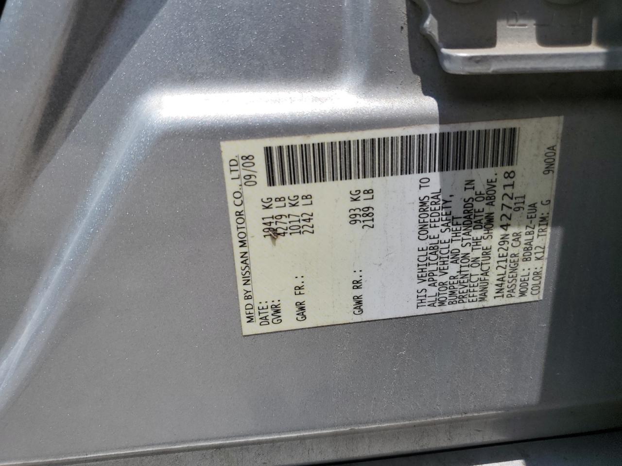 2009 Nissan Altima 2.5 VIN: 1N4AL21E29N427218 Lot: 62463335