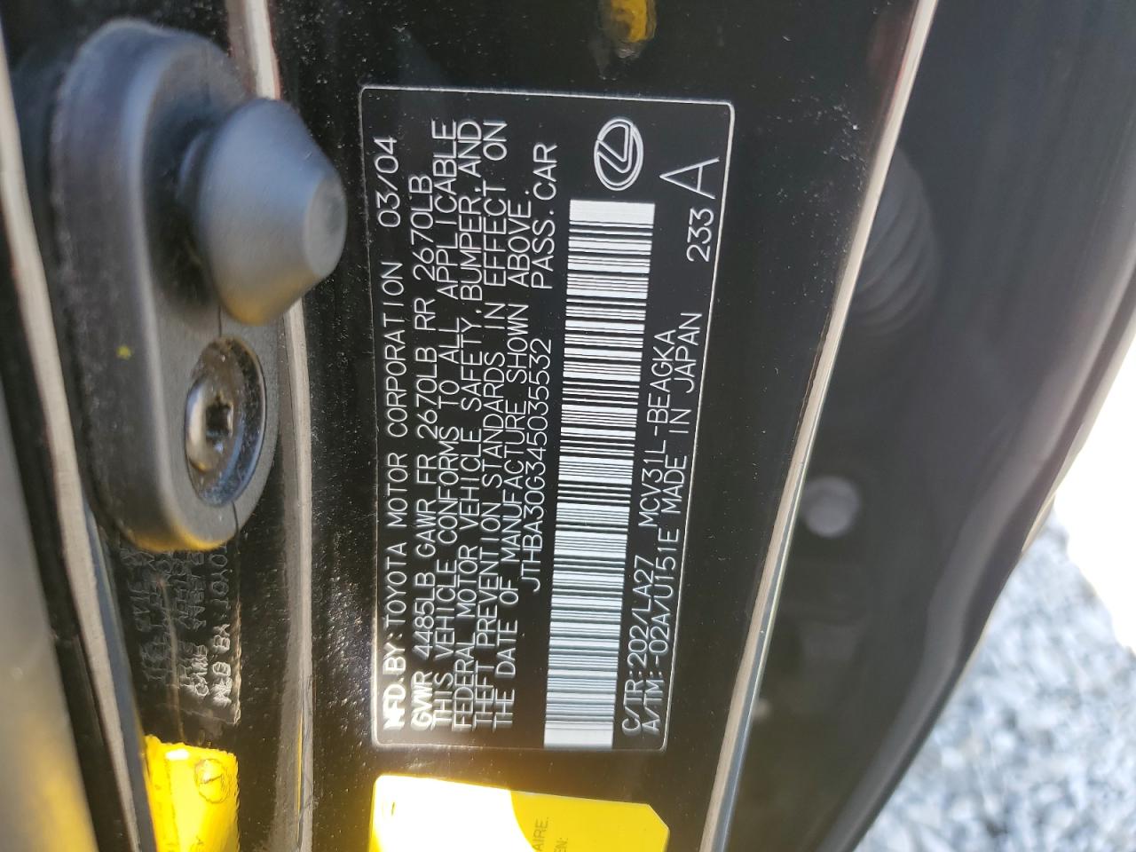 2004 Lexus Es 330 VIN: JTHBA30G345035532 Lot: 63634355
