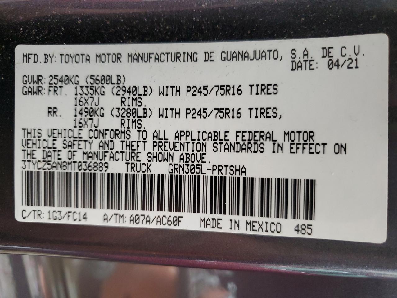 2021 Toyota Tacoma Double Cab VIN: 3TYCZ5AN8MT036889 Lot: 64996965