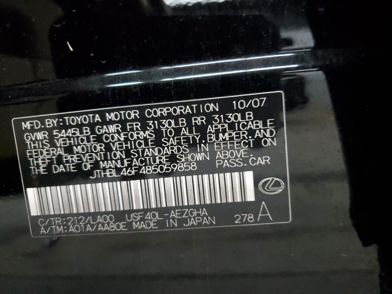 2008 Lexus Ls 460 VIN: JTHBL46F485059858 Lot: 63243105