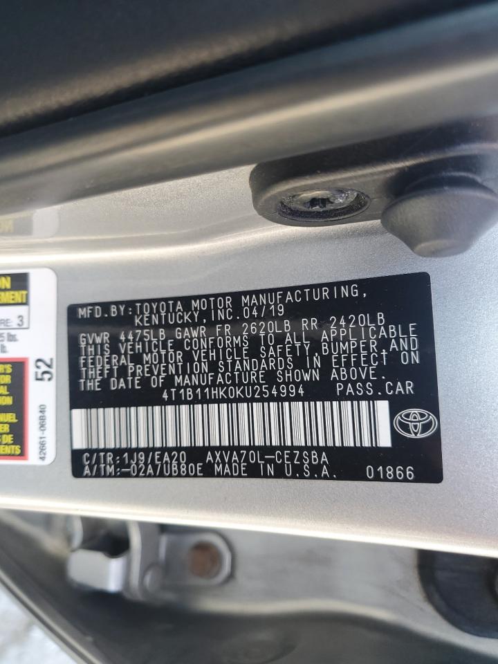2019 Toyota Camry L VIN: 4T1B11HK0KU254994 Lot: 65066125