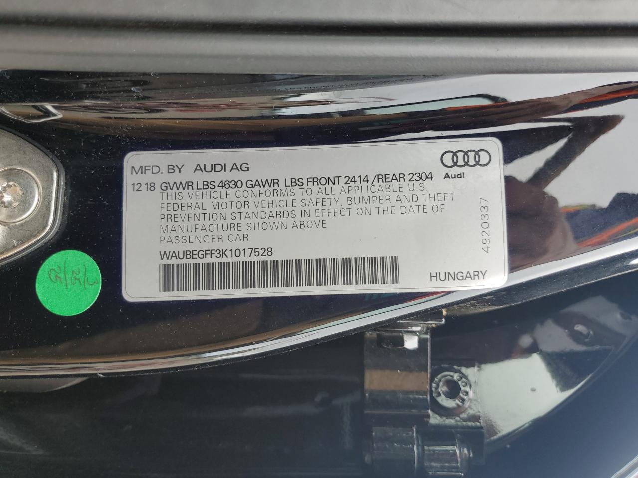 2019 Audi A3 Premium VIN: WAUBEGFF3K1017528 Lot: 64665035