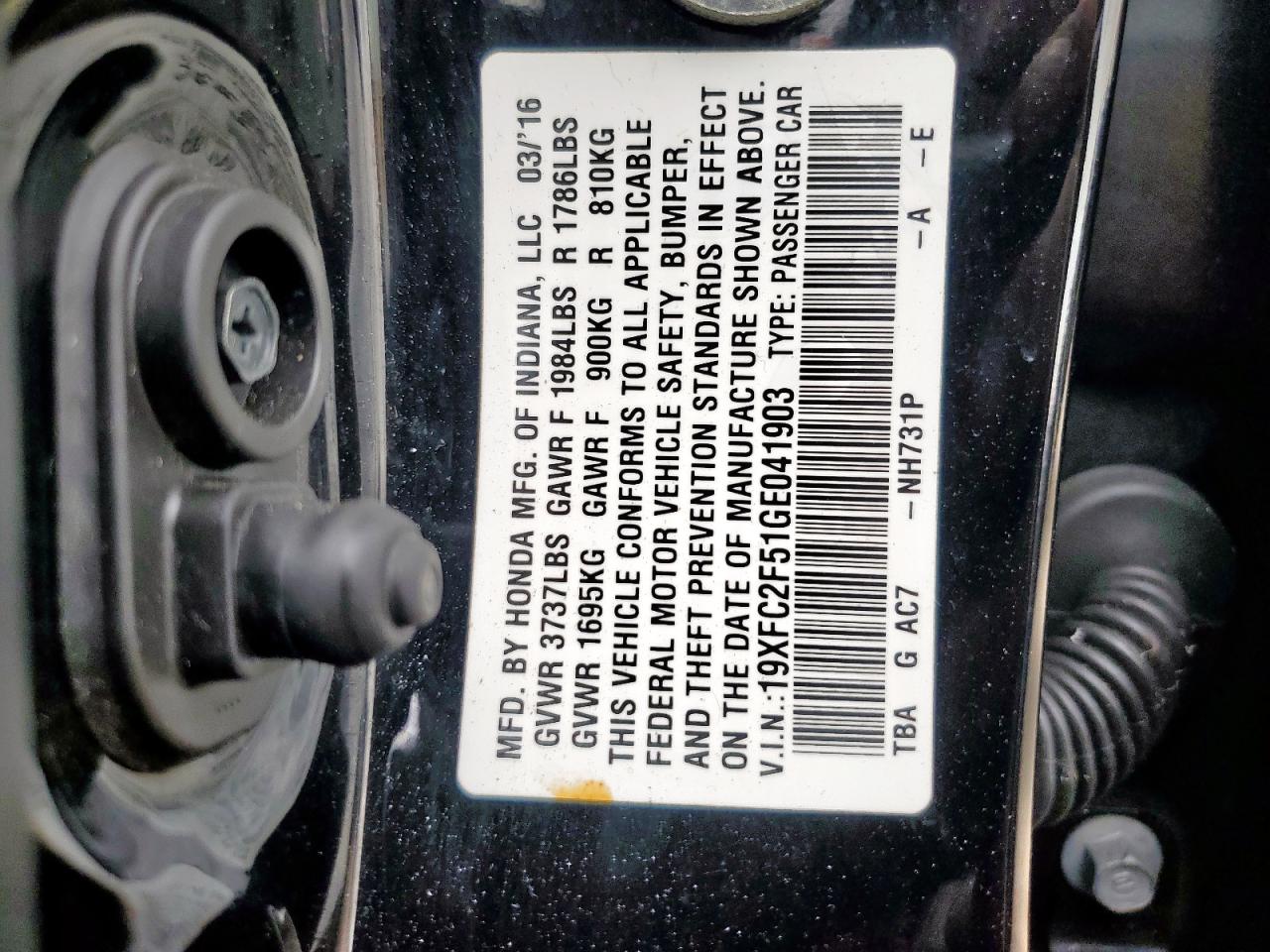 2016 Honda Civic Lx VIN: 19XFC2F51GE041903 Lot: 64930345