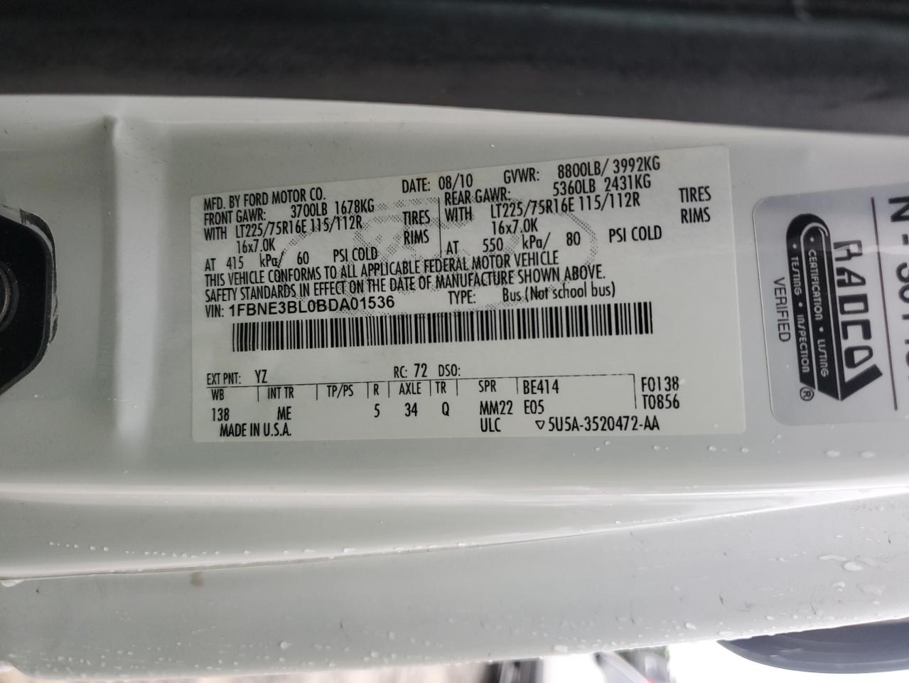 2011 Ford Econoline E350 Super Duty Wagon VIN: 1FBNE3BL0BDA01536 Lot: 63997555