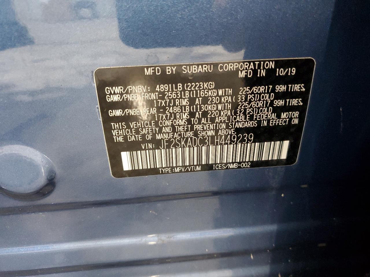 2020 Subaru Forester VIN: JF2SKADC3LH449239 Lot: 64457385